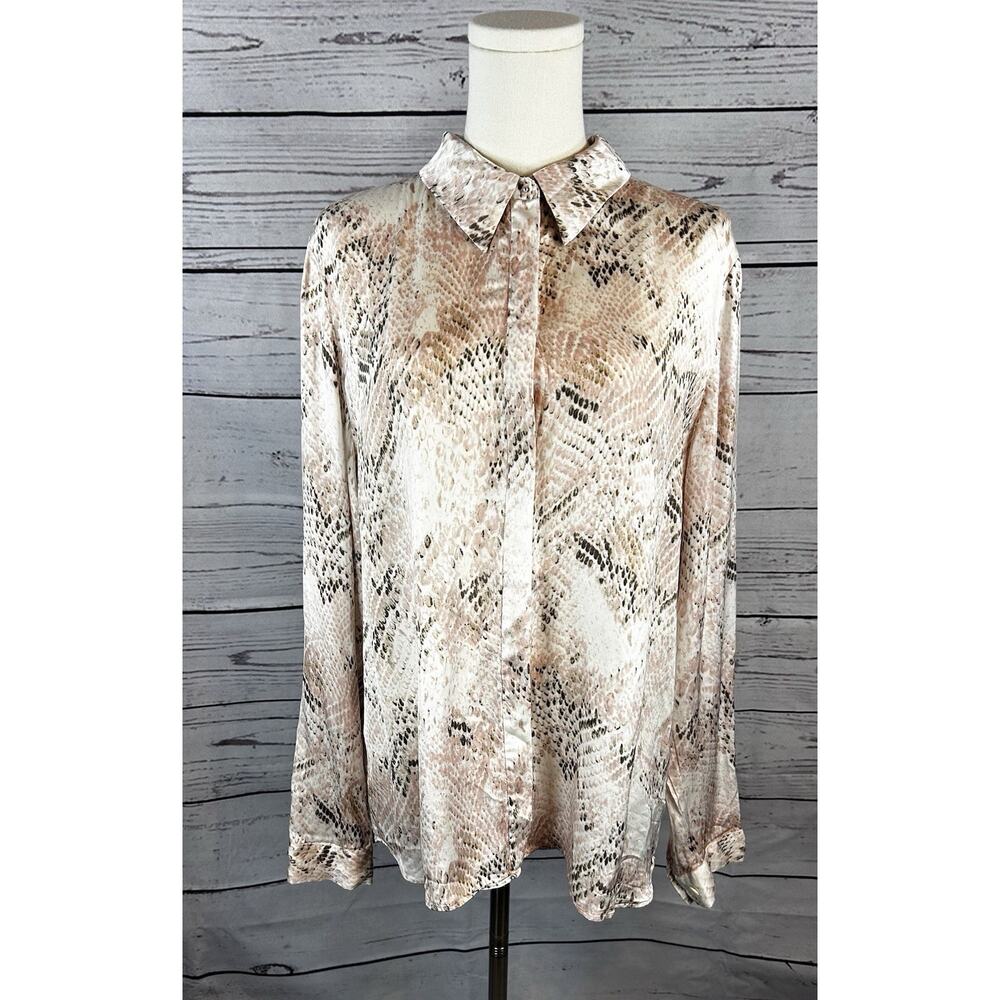 EE by Etcetera Snakeskin Button Down Blouse Womens Size 16 Neutral Long Sleeve